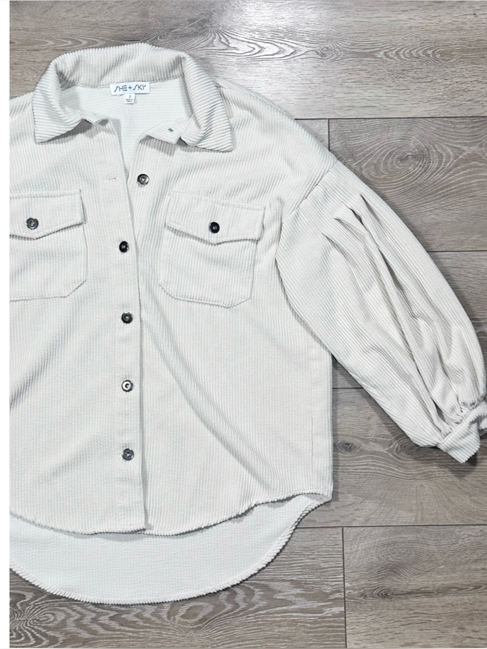 She + Sky Bubble Sleeve Button Down Cream Corduroy Shacket - Picture 2 of 13